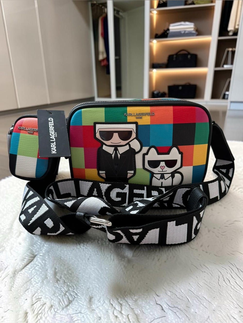 Karl Lagerfeld Multicolor Check Crossbody with Karl & Choupette Appliquรฉs